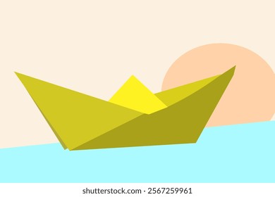 Cartoon yellow paper boat sailing on water at sunset. A yellow ship sailing for a new tomorrow. Sunset over the water. Vector. Illustration.