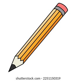 Cartoon yellow pencil. 3D Realistic wooden pencil with rubber eraser. Sharpened and volumetric pencil icon as symbol of office mockup, school instrument, student stationery for writing and drawing.