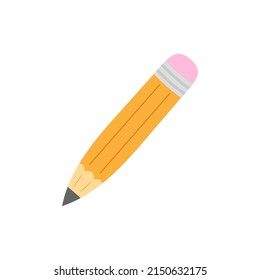 cartoon yellow pencil icon with pink rubber band isolated on white background, flat style, pencil business and education concept