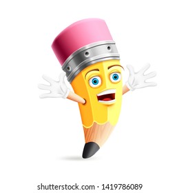 Cartoon Yellow pencil laughs and waves his hands.