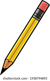 Cartoon Yellow Pencil. Vector Hand Drawn Illustration Isolated On Transparent Background