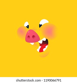 A cartoon yellow pig. Vector. Emotion, a smile of a pork character. Illustration of Pork for menu, restaurant and packing. Stew. Logo, a talisman for the company. Pig symbol of the year 2019.