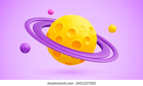 Cartoon yellow planet with craters and purple rings around. Creative Cute minimalistic 3d space symbol design for children's astronomy education and space theme. Cheese planet. Vector illustration