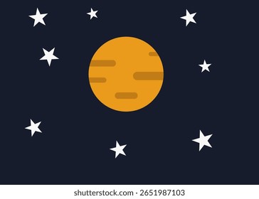 Um desenho de um planeta amarelo com estrelas ao seu redor. As estrelas estão espalhadas por todo o céu, e o planeta é o foco principal da imagem. A cena é pacífica e serena, como as estrelas