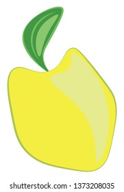 Cartoon of a yellow quince edible fruit with a fresh green leaf and eaten raw or cooked vector color drawing or illustration 