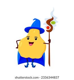 Cartoon yellow quince or pear fruit wizard or mage character. Funny ripe vector sorcerer, magic personage in witch hat and cape holding staff. Smiling ripe healthy wiz fruit enchanter or necromancer