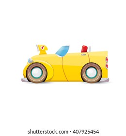 cartoon yellow racing car isolated on white. vector red car with big wheels