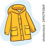 Cartoon Yellow Raincoat. Autumn waterproof coat. Fall and Spring season Clothing for cold rainy weather. Rain protection accessory. Hand drawn doodle style object, vector design element isolated