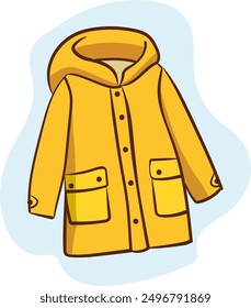 Cartoon Yellow Raincoat. Autumn waterproof coat. Fall and Spring season Clothing for cold rainy weather. Rain protection accessory. Hand drawn doodle style object, vector design element isolated