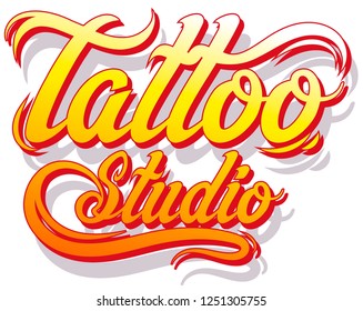 Cartoon yellow and red tattoo studio text emblem with shadow. Isolated on white background. Vector icon.