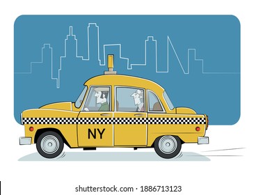 Taxi retro amarillo de caricatura en Nueva York. Ilustración del vector