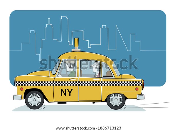 Cartoon yellow retro taxi in New York.\
Vector illustration
