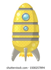 Cartoon yellow rocket with flame isolated on white background. Vector