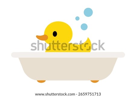 Cartoon yellow rubber duck bathing in a beige tub with bubbles isolated