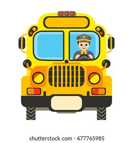 Cartoon yellow school bus with driver isolated on white  background