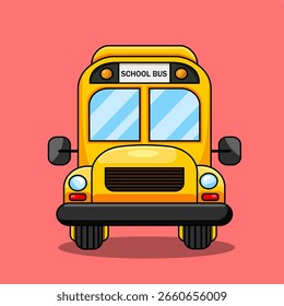 Diseño plano de la Ilustración vectorial del Hacer visto previo delantero del autobús escolar amarillo de la historieta
