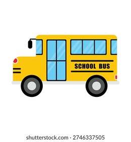 Cartoon yellow school bus side view with bold SCHOOL BUS label, white background