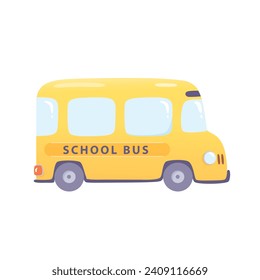 Cartoon yellow school bus vector illustration. Funny student transport isolated on white background. Happy children riding on autobus for education. Happy childhood. Welcome back to school concept.