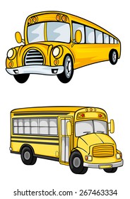 Cartoon yellow school buses with traditional black stripes isolated on white background suitable for school or childish design