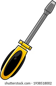 Cartoon Yellow Screwdriver. Vector Hand Drawn Illustration Isolated On Transparent Background