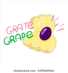 Cartoon yellow sea shell with grape like pearl and text grate grape. Grape berry in opened shell with shine. Cute Kids style. Hand drawn vector illustration on a white background.