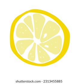 Cartoon yellow slice lemon. Hand-drawn citrus isolated on white background. Delicious fruit is a symbol of summer, wholesome nutrition, natural food. Ingredient for lemonade juice. Vector illustration