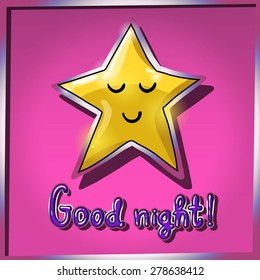 Cartoon yellow smiling and sleeping star on pink background. Good night! Vector illustration. EPS 10