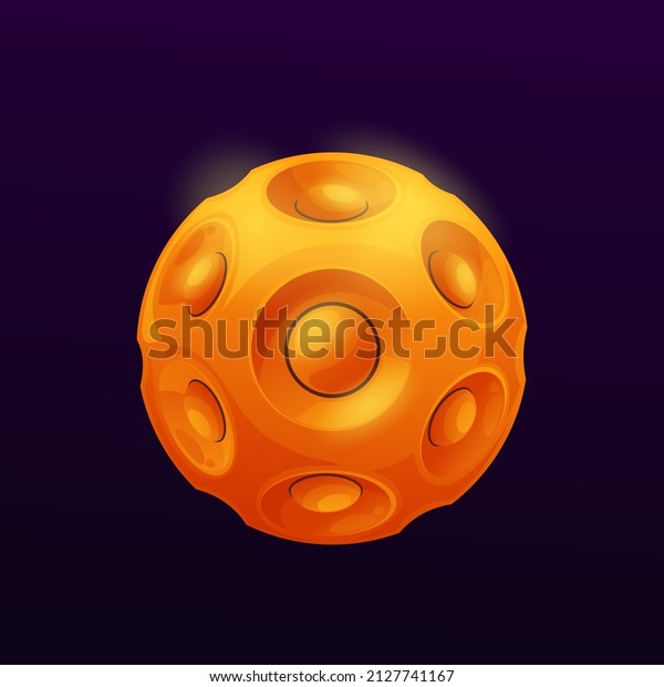 Cartoon
yellow space plane with nucleus. Space alien home planet, fantasy
game GUI moon or satellite icon with cavities, deep craters and
domes. Galaxy extraterrestrial artificial
world