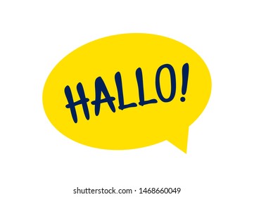 Cartoon Yellow Speech Bubble or Dialogue Balloon with The Word "Hallo" which means Hello in German: Greeting Icon for Comic Apps and Websites 