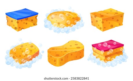 Cartoon yellow sponges. Bath or kitchen sponge with porous texture for scrub skin body washing foam bubbles and dish cleaning, home shower bath equipment tidy vector illustration original artwork