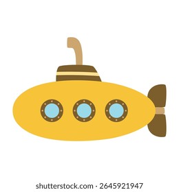 cartoon yellow submarine isolated on white background, flat style 