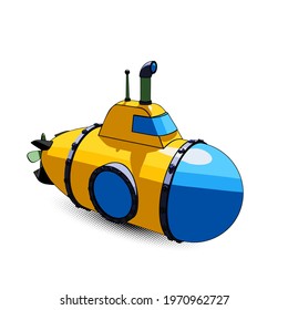 Cartoon yellow submarine with periscope and large portholes, perspective view. Vector illustration isolated on a white background