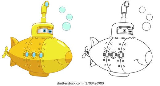 Cartoon yellow submarine ship  Coloring page   colorful clipart character  Cute design for t shirt print  icon  logo  label  patch sticker  Vector illustration 