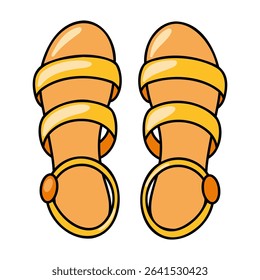 Cartoon yellow summer sandals with double straps and round buckles. Stylish and simple flat open shoes. 