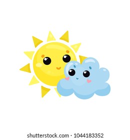 Cartoon yellow sun and blue cloud with kawaii faces. Cute weather and sky element. Flat vector design for mobile app, sticker, children t-shirt print