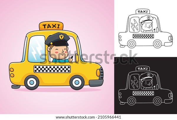 Cartoon yellow taxi with\
funny driver