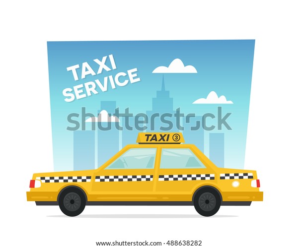 Cartoon yellow taxi service.\
Isolated objects on white background in flat  style. Vector\
illustration.
