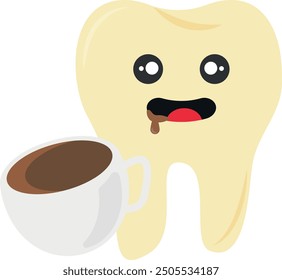 Cartoon yellow tooth with cute face drinking coffee, concept for dental health, hygiene, and coffee's effect on teeth.