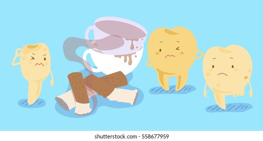 Cartoon Yellow Tooth With Smoke And Coffee