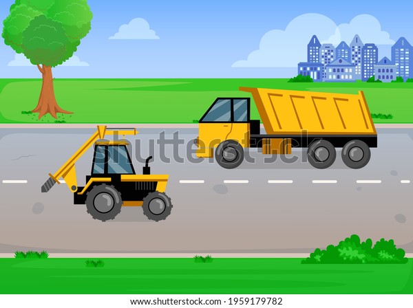 Cartoon yellow truck and tractor on road in\
summer. Vehicles going in opposite directions, city and buildings\
on background, countryside, green grass and trees. Construction,\
industry concept
