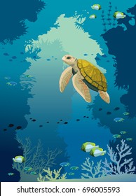 Cartoon yellow turtle, coral reef with fishes and underwater cave on a blue sea background. Vector illustration about wild marine life. 