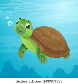 A cartoon yellow turtle swims against the background of a blue sea. Cute reptile for children's posters, postcards.