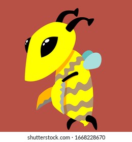 a cartoon yellow wasp with brown stripes and scythe-like hands on a maroon background