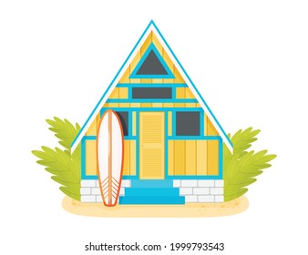 Cartoon yellow wooden beach cabin and Surf board. Summer beach vector illustration 