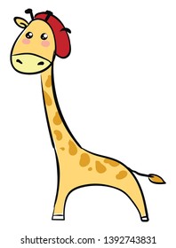 Cartoon yellow-colored giraffe in a red hat is with a short tail  two horns  very long neck and forelegs  having a coat with brown patches  looks funny  vector  color drawing or illustration