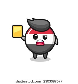 cartoon yemen flag badge character as a football referee giving a yellow card , cute style design for t shirt, sticker, logo element