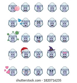 cartoon with yeti or bigfoot with different emotions. large set of isolated emoji on a white background. vector stock illustrations