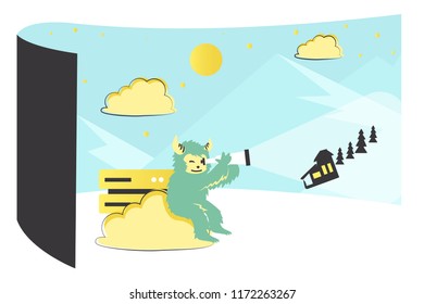 Cartoon Yeti With Cloud Server