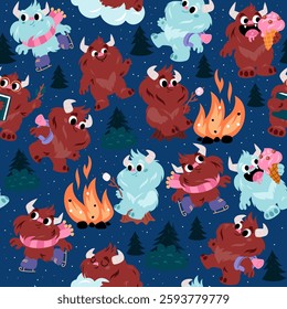 Cartoon yeti. Fantasy furry characters seamless pattern. Bigfoot roasting marshmallow on bonfire or eating ice cream. Hiking travel. Forest camping. Monster skating