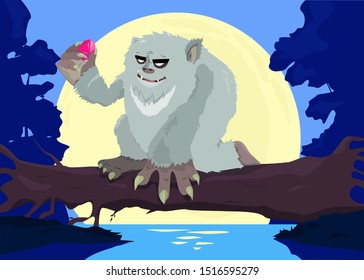 Cartoon yeti at night on a tree vector illustration